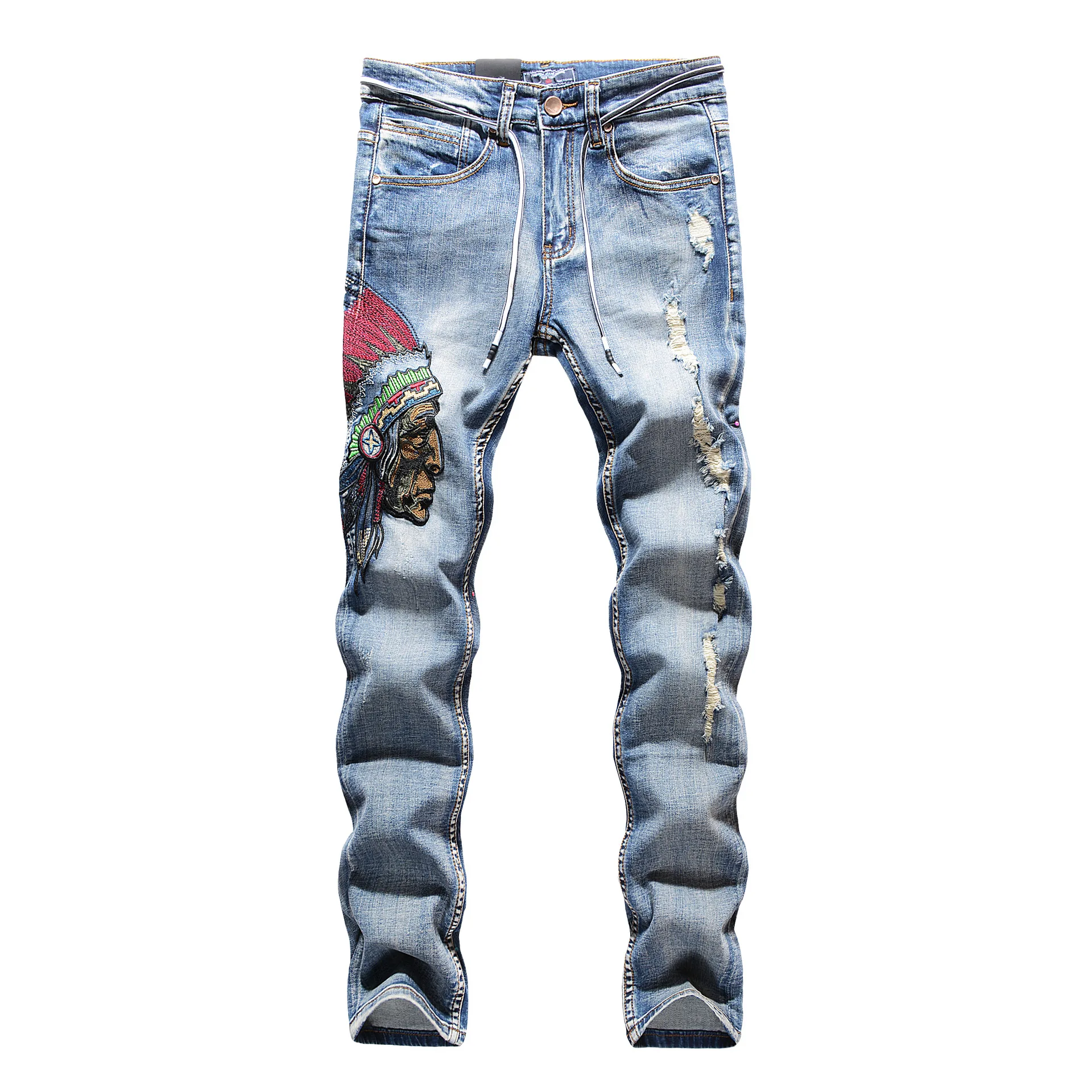 

Fashion Streetwear Ripped Hole embroidery Denim Pants Slim fit Jeans Men Hip Hop Punk Trousers Jeans For Men