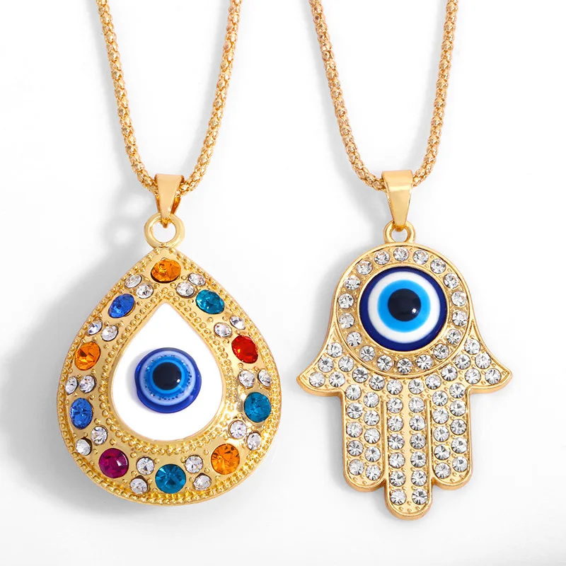 

Gold Alloy Fatima Hand Turkey Blue Rhinestone Teardrop Evil Eye Charm Pendant Chain Necklace