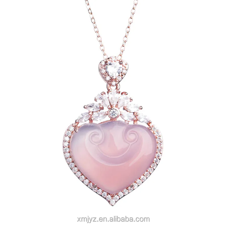 

Source Factory Pink Chalcedony Jade Pendant Love Heart Full Diamond Agate Jade Necklace Rose Gold Jade Pendant Female