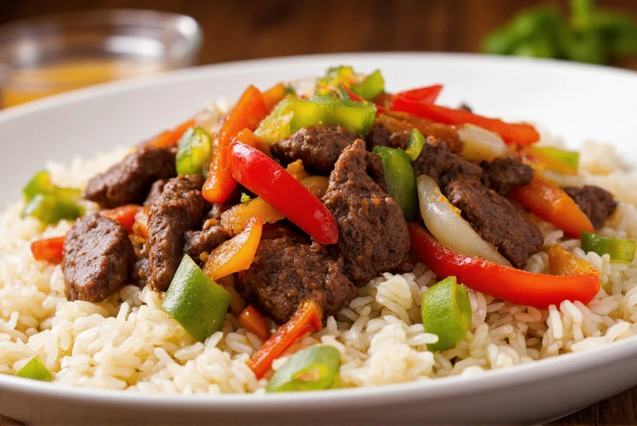 Finished beef pepper steak served over steamed rice with colorful bell peppers and onions