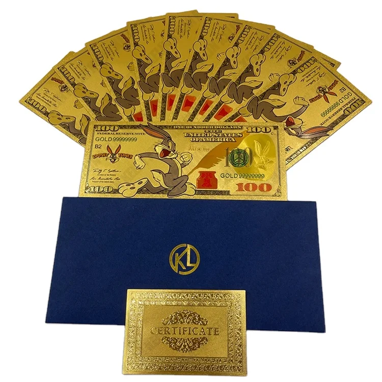 

Custom design Bugs Bunny anime 100 dollars money bill 24k gold foil plated banknote