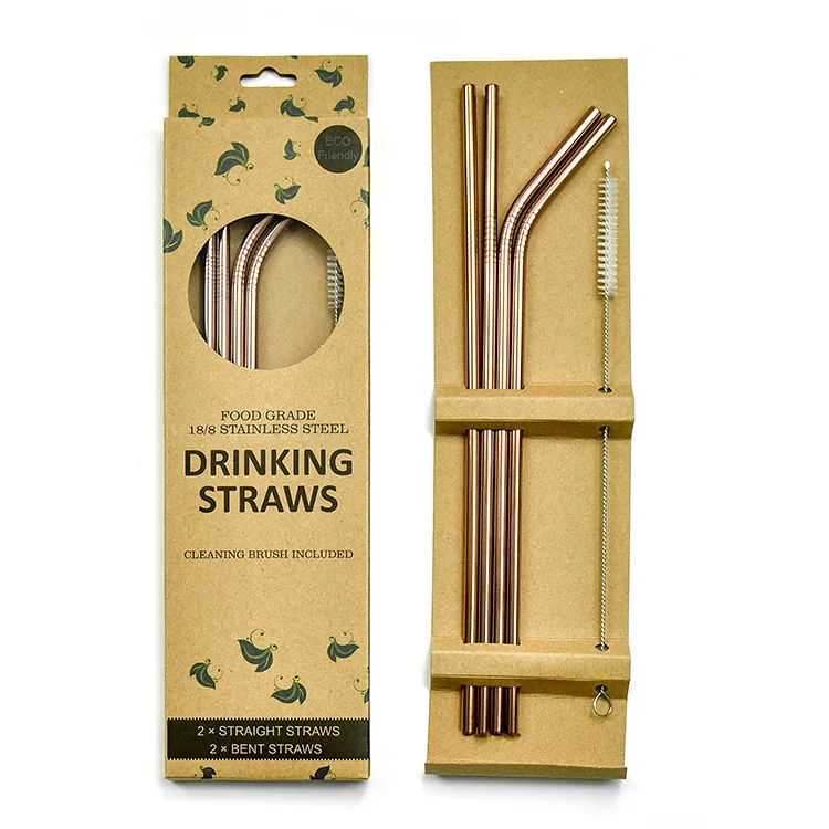 

Eco Friendly Products Gift Box Rose Gold Amazon Metal Straws Set Printed Straw Cleaning Brush, Customized