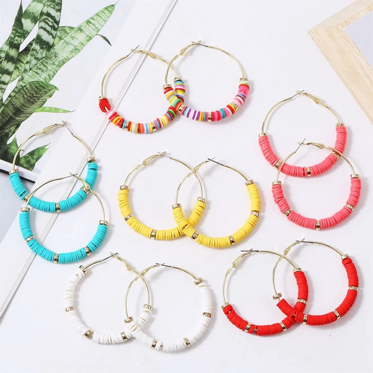 

Summer Fashion Girls Multicolor Bohemian Style Beaded Hoop Polymer Clay Earrings For Women, As picture