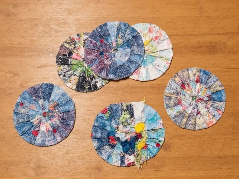 Handmade fabric scrap coasters arranged on wooden table surface