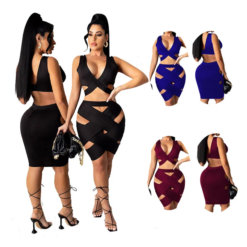 

Wholesale Fashion Summer Sexy Bodycon Club Outfit For Women V Neck Bandage Y2k Short Two Piece Skirt Set, Picture color