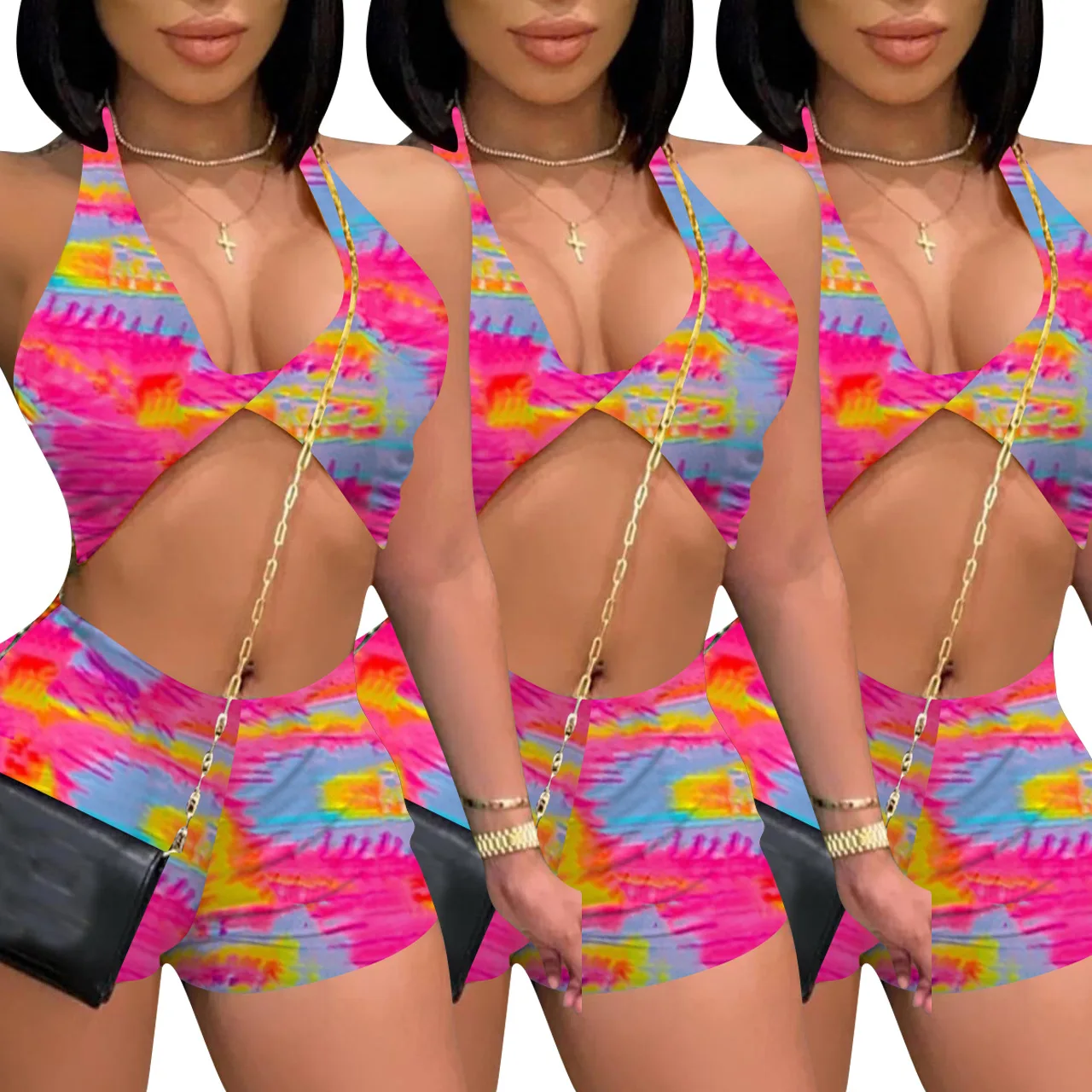 

Sexy Corset Sling Print Pattern Short 2pc Clothing Tie-Dye Two Piece Sets Women Summer