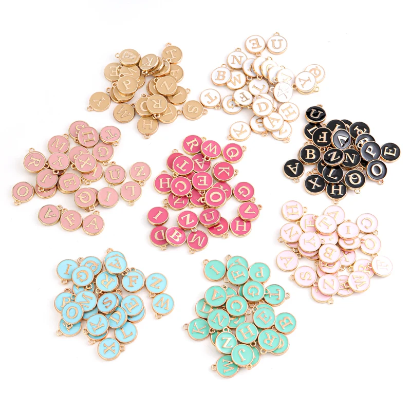 

10pcs 12*14MM Round Gold Enamel Charms Alphabet, Color Capital Letter Beads Initial Pendants Alloy Jewelry Making Accessories