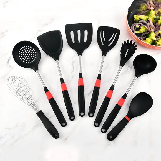 

8 pcs Silicone Cooking Kitchen Utensil Set Non-stick Heat Resistant Silicone Cookware with Stainless Steel Handle