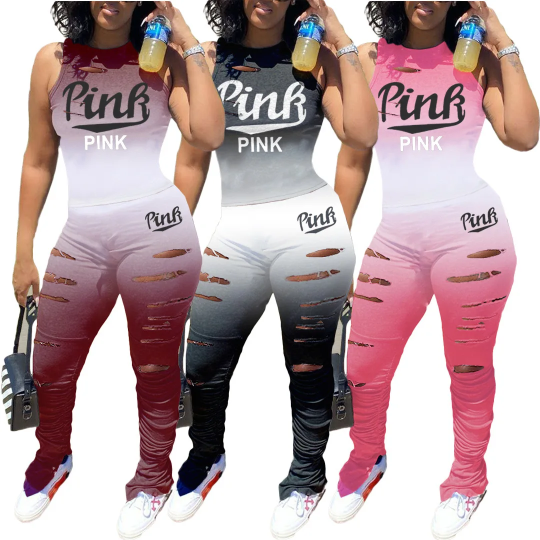 

Wholesale Pink Print Hole Tie Dye Sport Two Piece Set Biker Jogging Running Fitness Yoga Set Tracksuit Womens Outfit Ladies