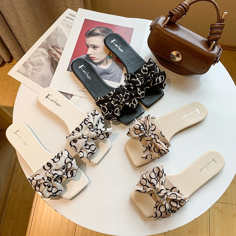 

2021Elegant bow slippers fabric women sandals 007, White,beige,black