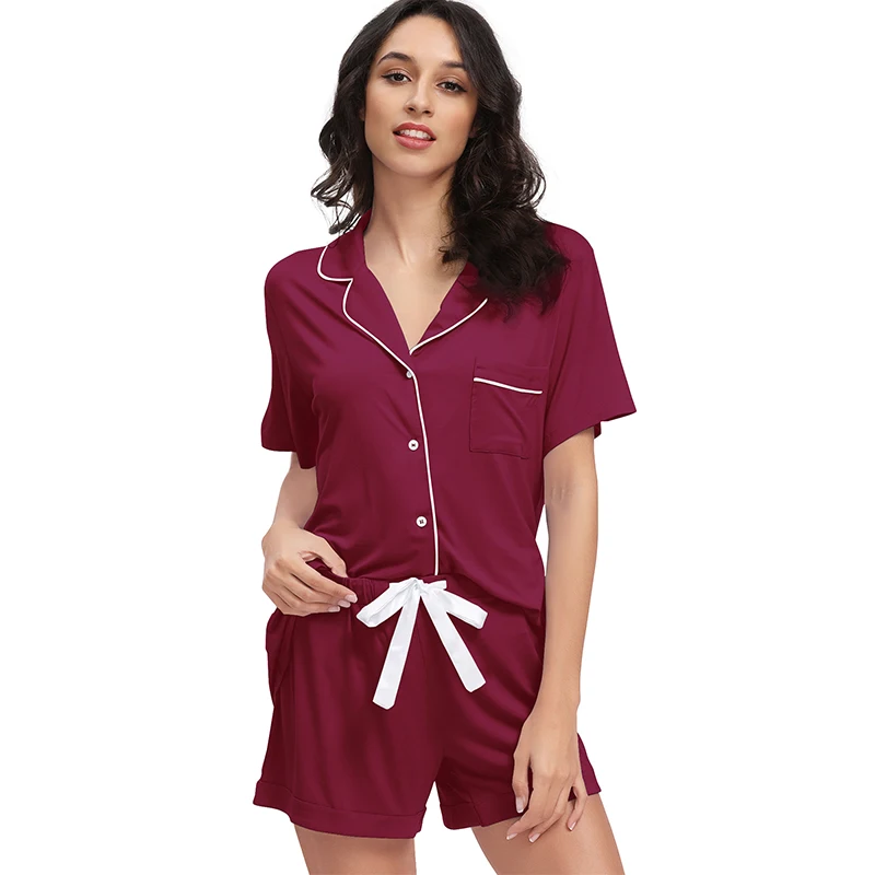 

High Quality Sleepwear Piping Button Front Women Pajamas Bamboo Viscose Pyjama Set Woman Pijamas