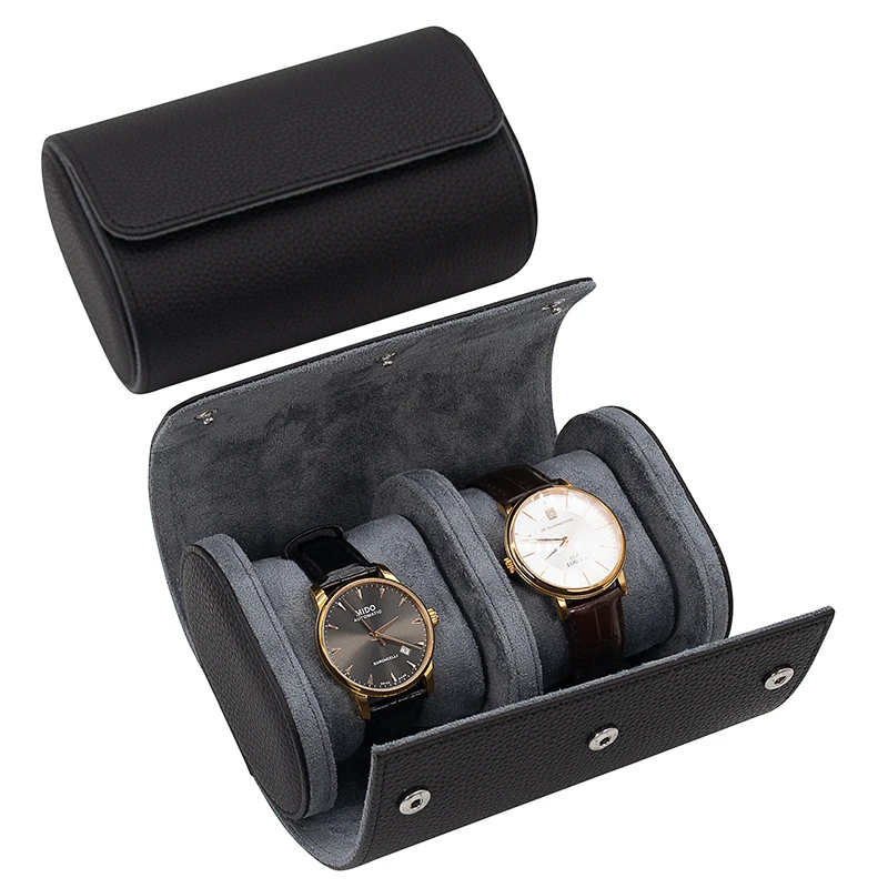 

Custom Logo 2 Slot Travel Watch Case Box Luxury Black Leather watch roll