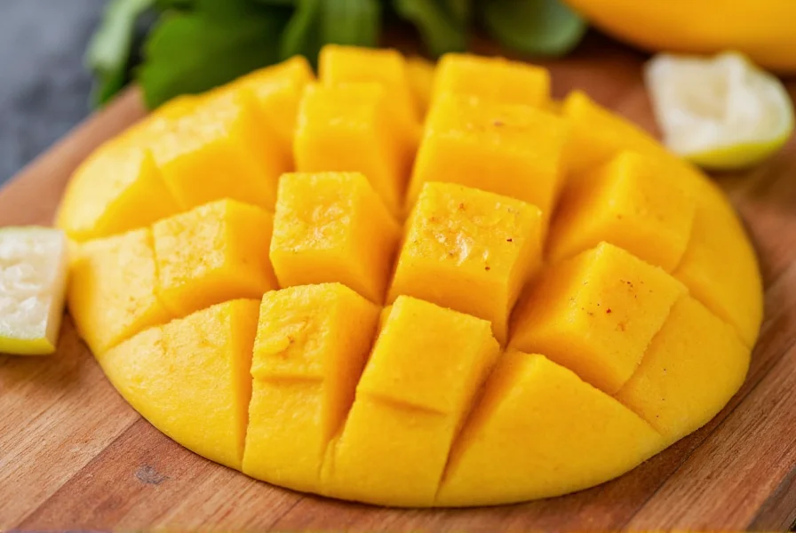 Close-up of fresh mango slices sprinkled with chili powder on wooden cutting board