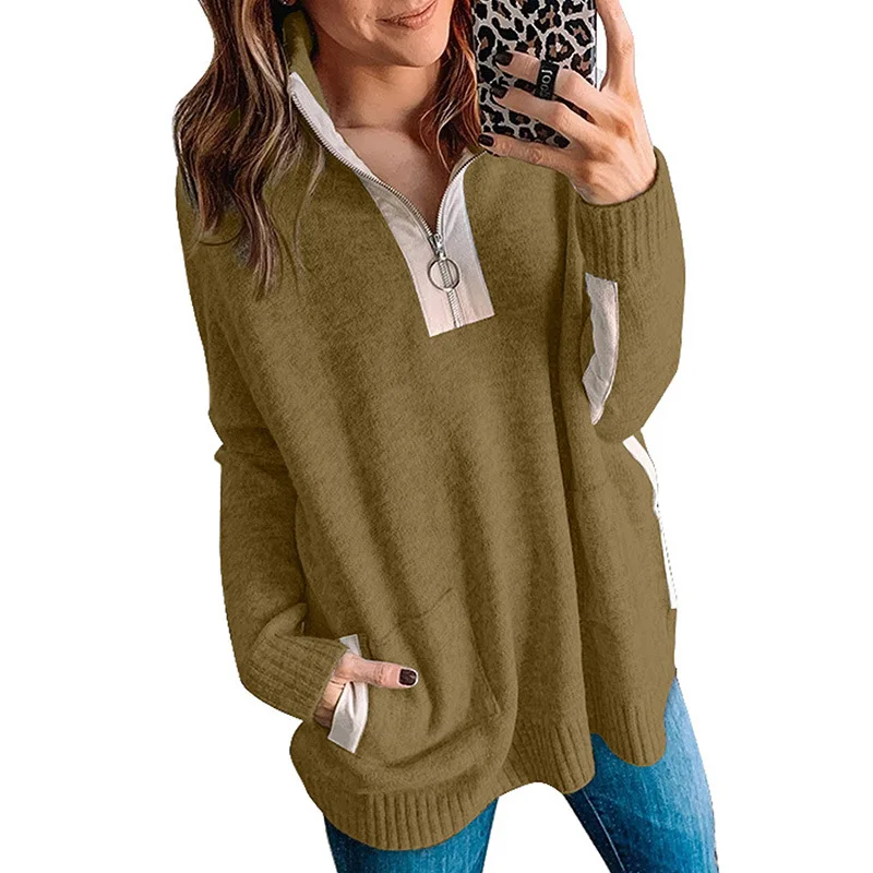 

Sweater Women Autumn Winter Europe and America Solid Color Zipper Half Open Long Sleeve Women's Knitting Sweater