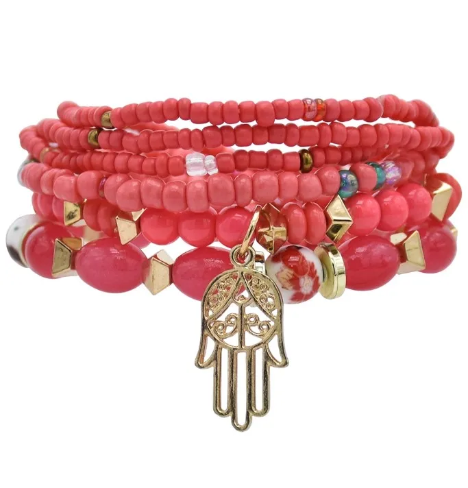 

6 Pcs/Set Bohemain Jewelry Acrylic Beaded Elatic Bracelets for Women with Hand Pendant Party Jewelry Gift, Red,white