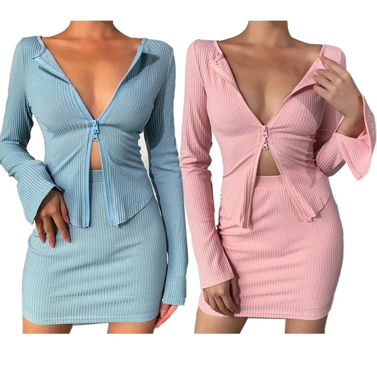 

The factory wholesale 2021 fall Clothing For Women Sexy Knit Rib Long Sleeve Top Xs Two Piece Skirt Set, Picture