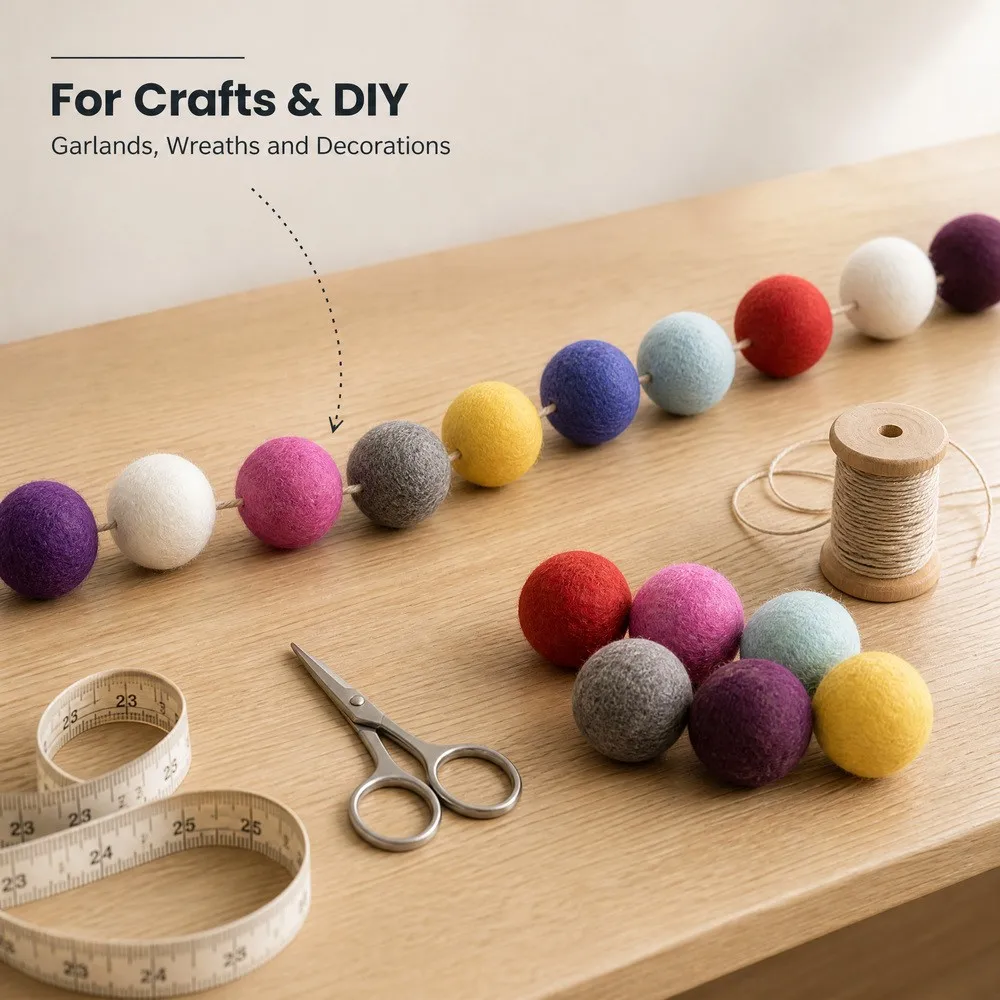 Colored felt balls threaded for crafts and DIY garlands, wreaths and decorations