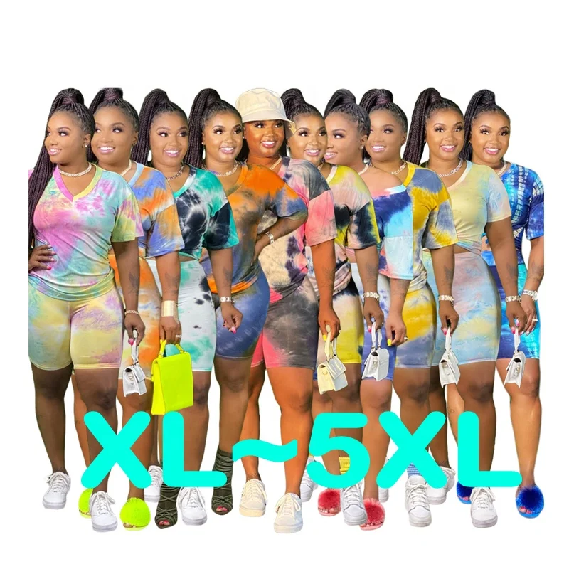 

Sexy Lady 2 PCS Plus Size Outfits Tracksuit Short Sleeve Tops Leggings Pants Tie Dye Summer Women Clothing Two Piece Set