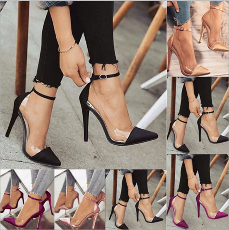 

New Style Women's High Heel Pointed Toe Color Matching Belt Buckle Fashion Shoes Stilettos, Picture color