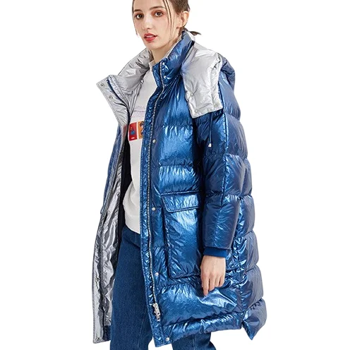 

2020 Winter original fashion mid length hooded shiny down puffer coat woman