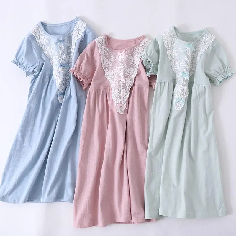 

2020 hot sale summer girl pajamas 100% cotton short sleeve nightdress lovely girl lace sleeping dress, Pink, light blue, light green, purple