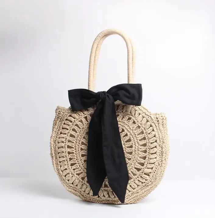 

Summer Straw Rattan Hand bags Beach Stripes Ladies woven straw basket bag tote with Leather Handles