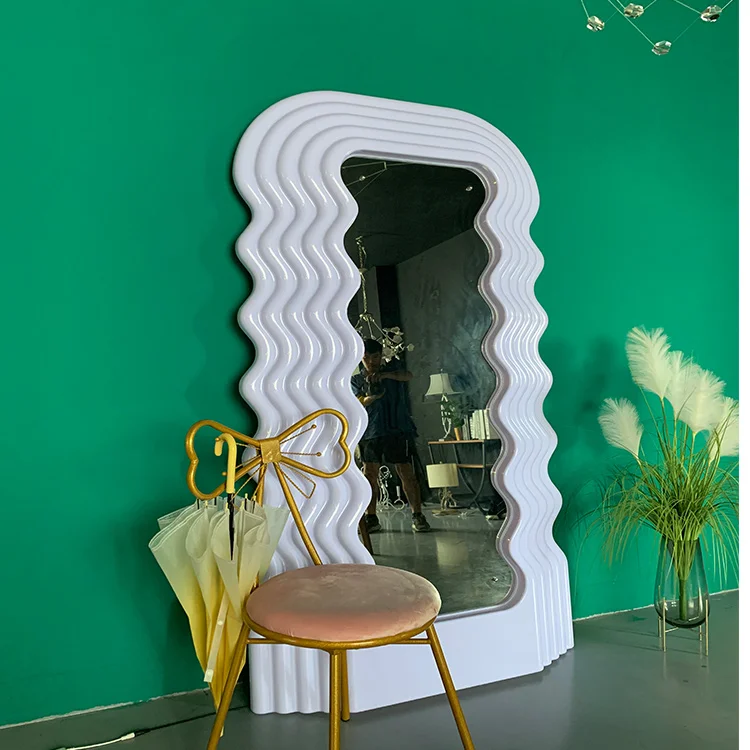 

Wave shape frame bedroom full length mirror led light long decorative standing mirror