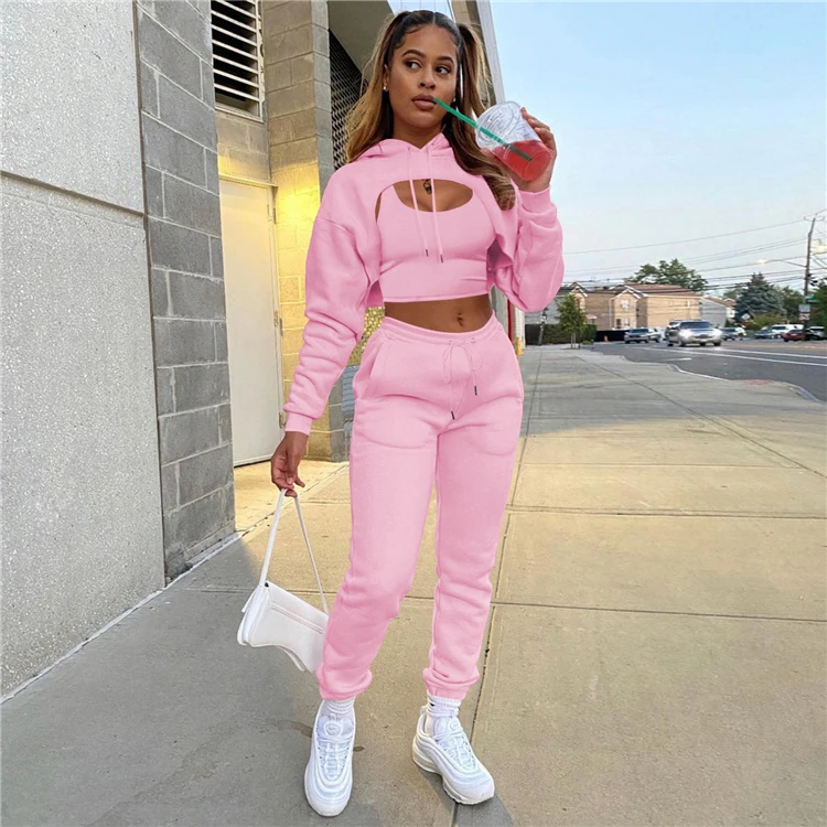 

New Arrival 2021 Pure Color Hoodies Cardigan And Long Pants 3 Piece Set 3 Piece Set Women