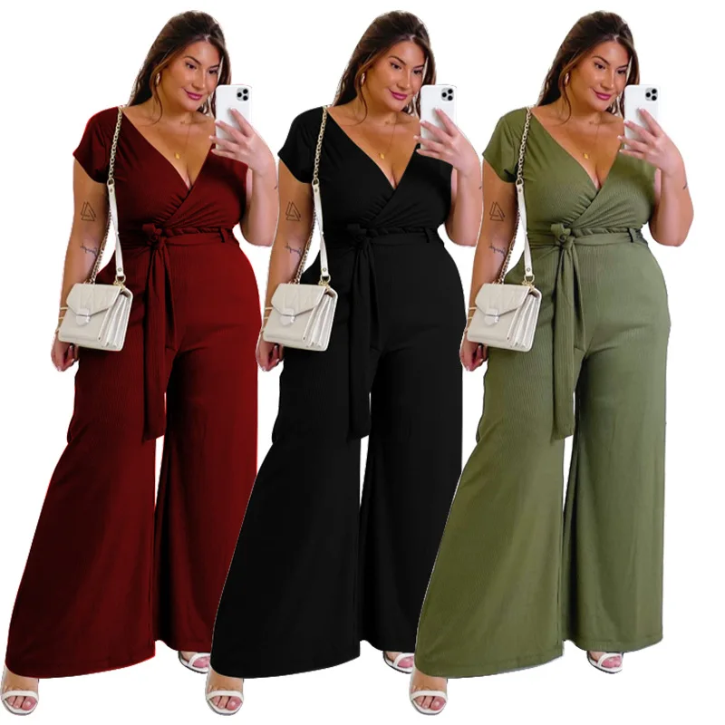 

NNWY-7190 2021 Spring And Summer Plus Size Women'S Belt Casual Solid Color Wide-Leg Jumpsuit