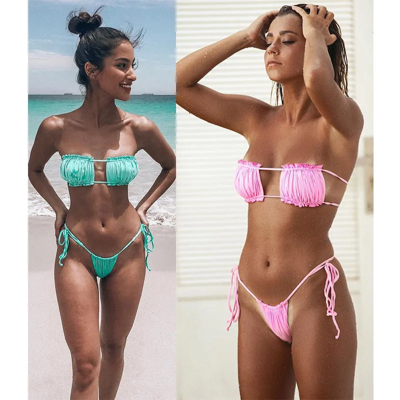 

Free Shipping Pleated two piece crop bikini sold bright color thong brazilian bikini set