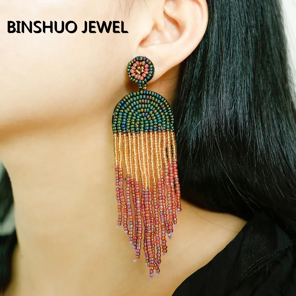 

Long Tassel Earrings Seed Beads Stud Earring Fashion Handmade Exaggerated Bohemia Design Women