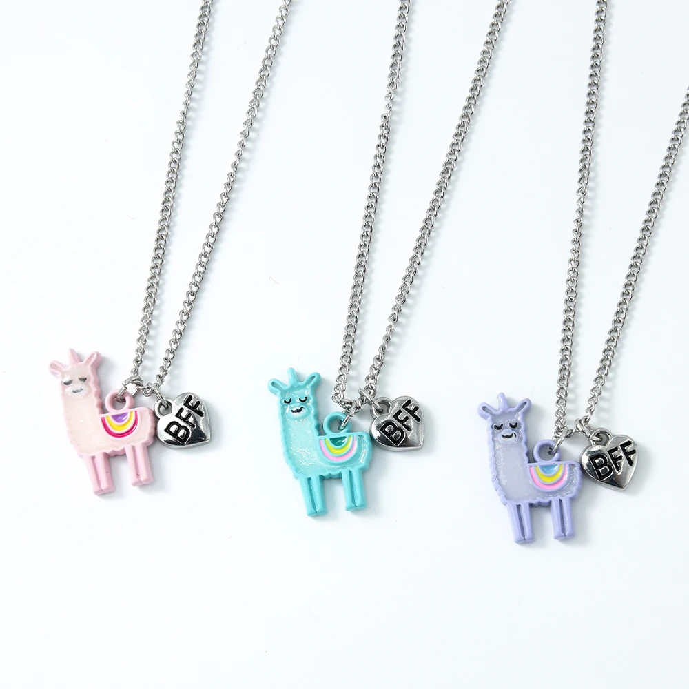 

Wholesale Cute 3 Necklace Silver Pink Blue Purple Cartoon Alpaca Best Friend Heart BFF Kids Necklace Set