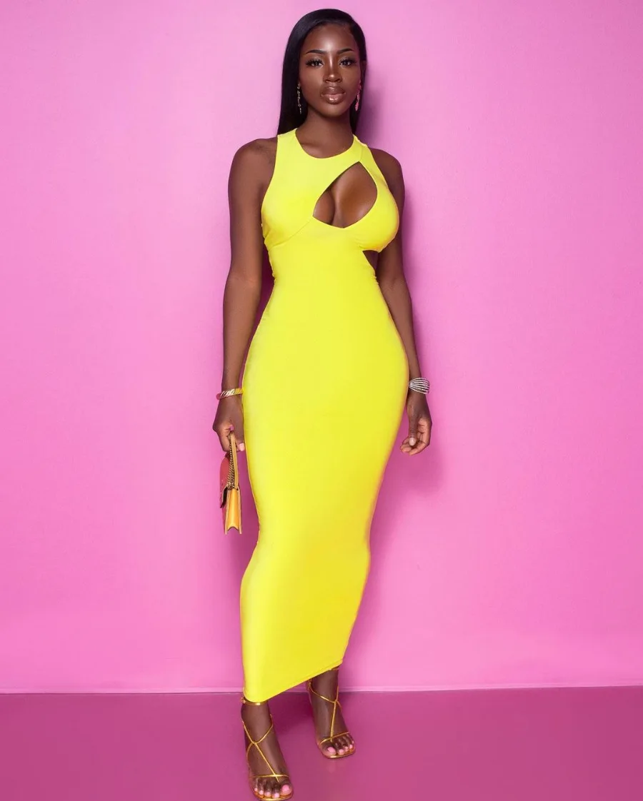 

Women's 2021 new dress yellow sexy hollow long dress, 1 color