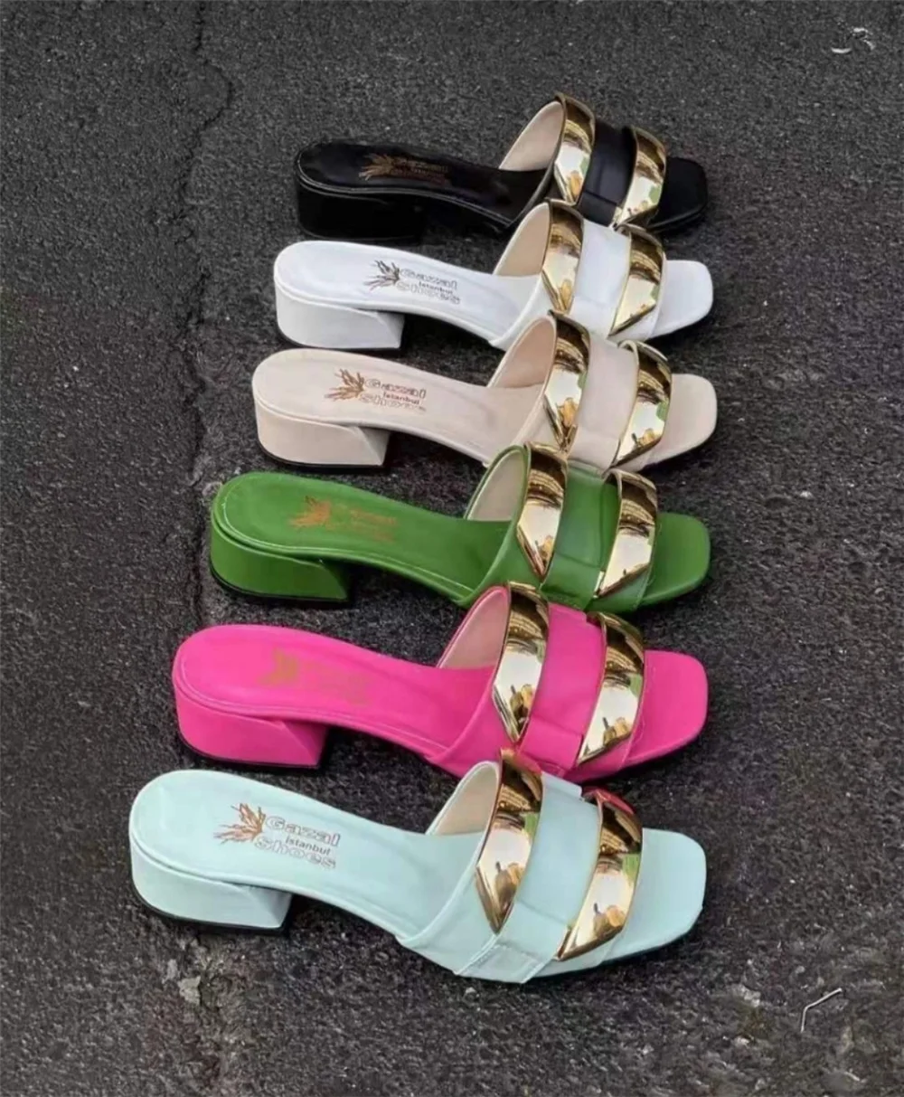 

J&H fashion New Arrivals Sandalias De Mujer Neon Color Square Mid Heels Gold Strap Detail Slip On Sandals Casual Ladies Footwear, 2 colors as picture