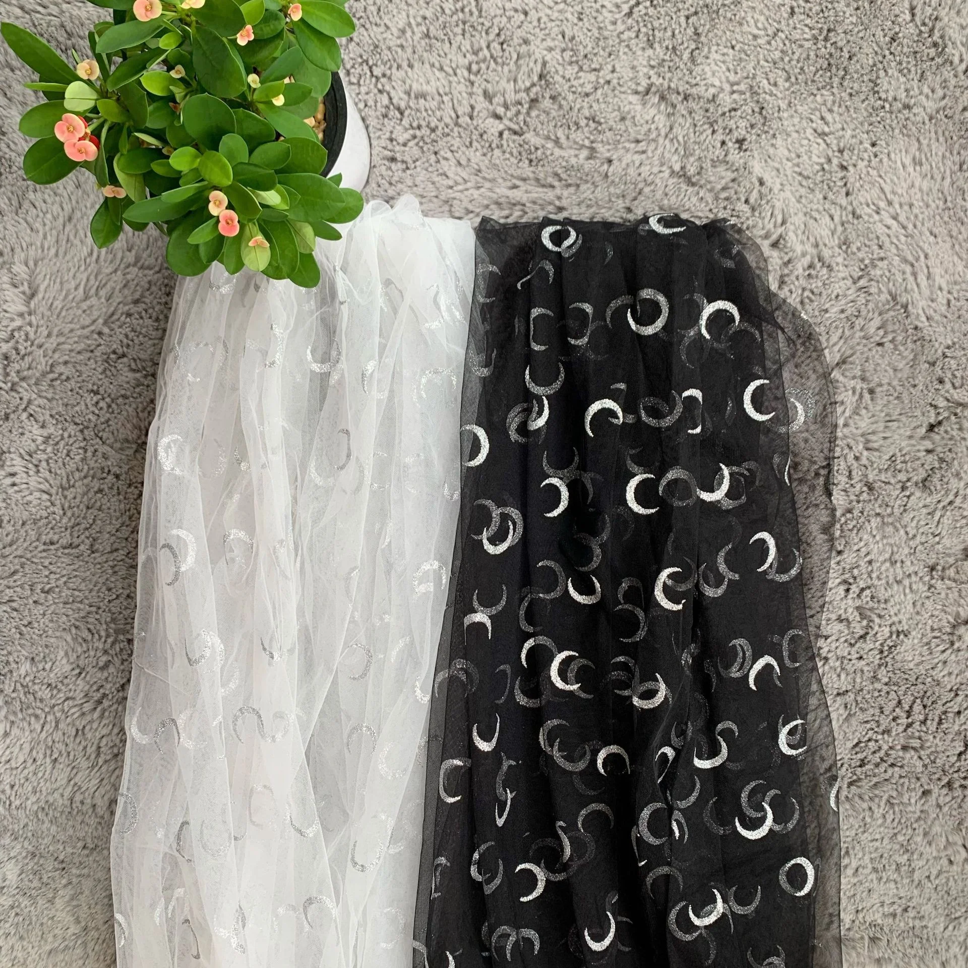 

shining tulle lace white fabric with glitter moon style for baby dresses, Ivory, black and customized color