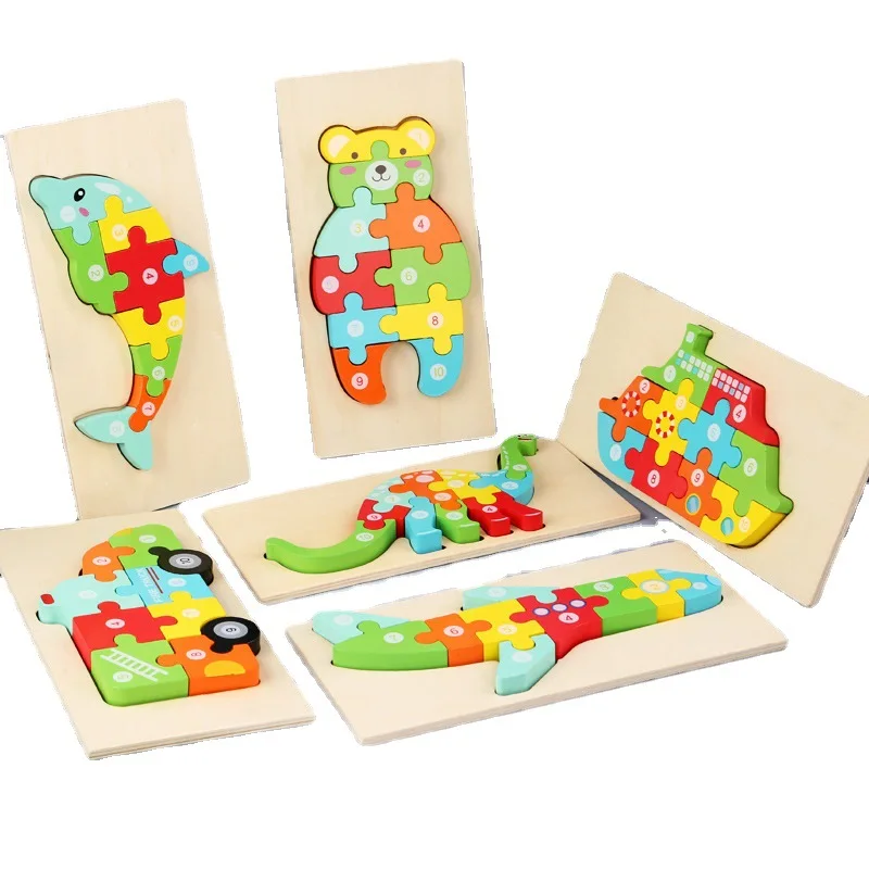 

Training toys kids cartoon sublimation printed wood brick game blocks board early educational 3d wooden animal jigsaw puzzles