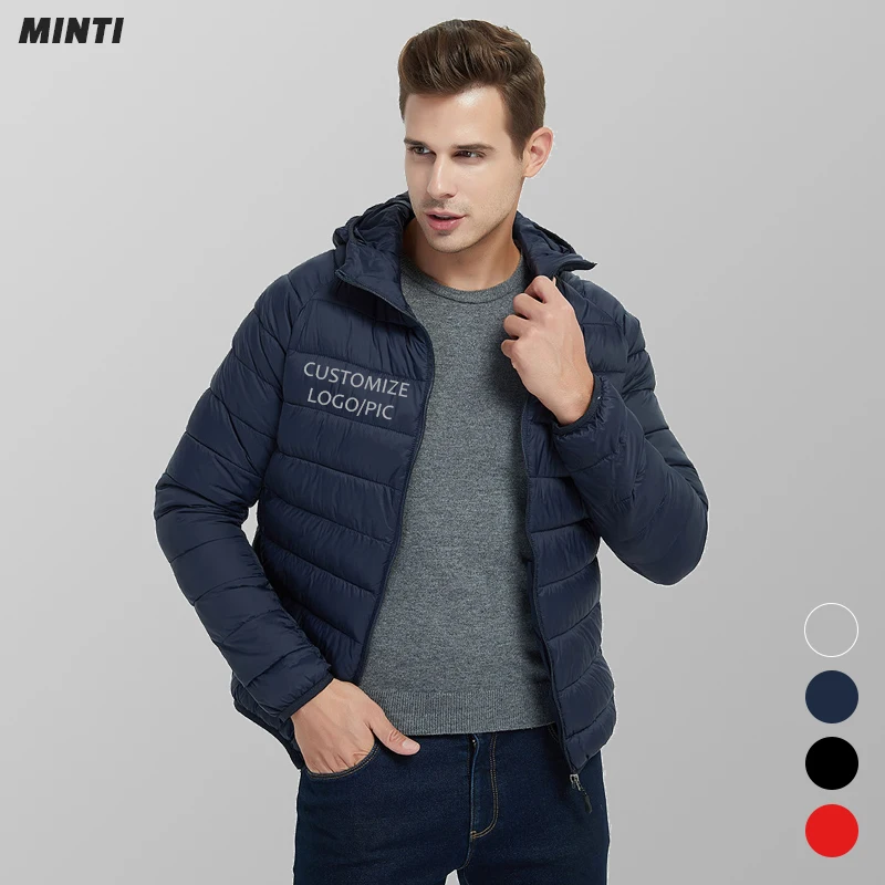 

Wholesale oem custom logo blank hooded lightweight bubble black warm adult men wear coat feather puffer winter jacket, 5 colors