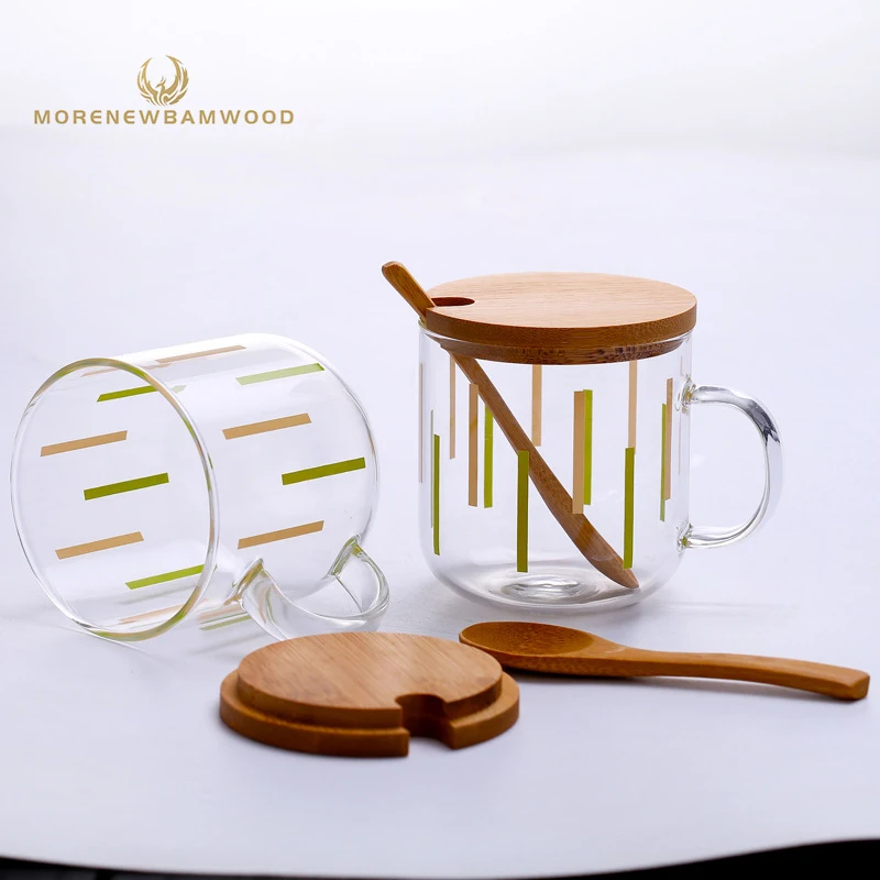 

set of 2, factory outlet water glass cup with handle, bamboo cover and spoon