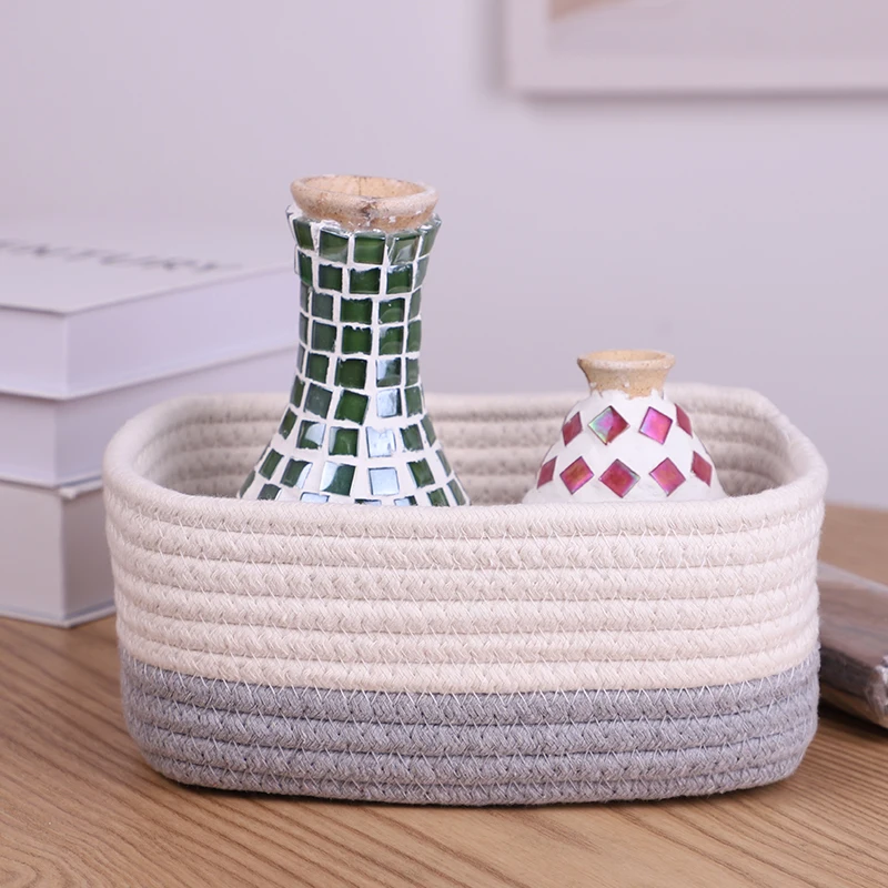 

Woven cotton rope desktop storage basket small cosmetic storage basket, White
