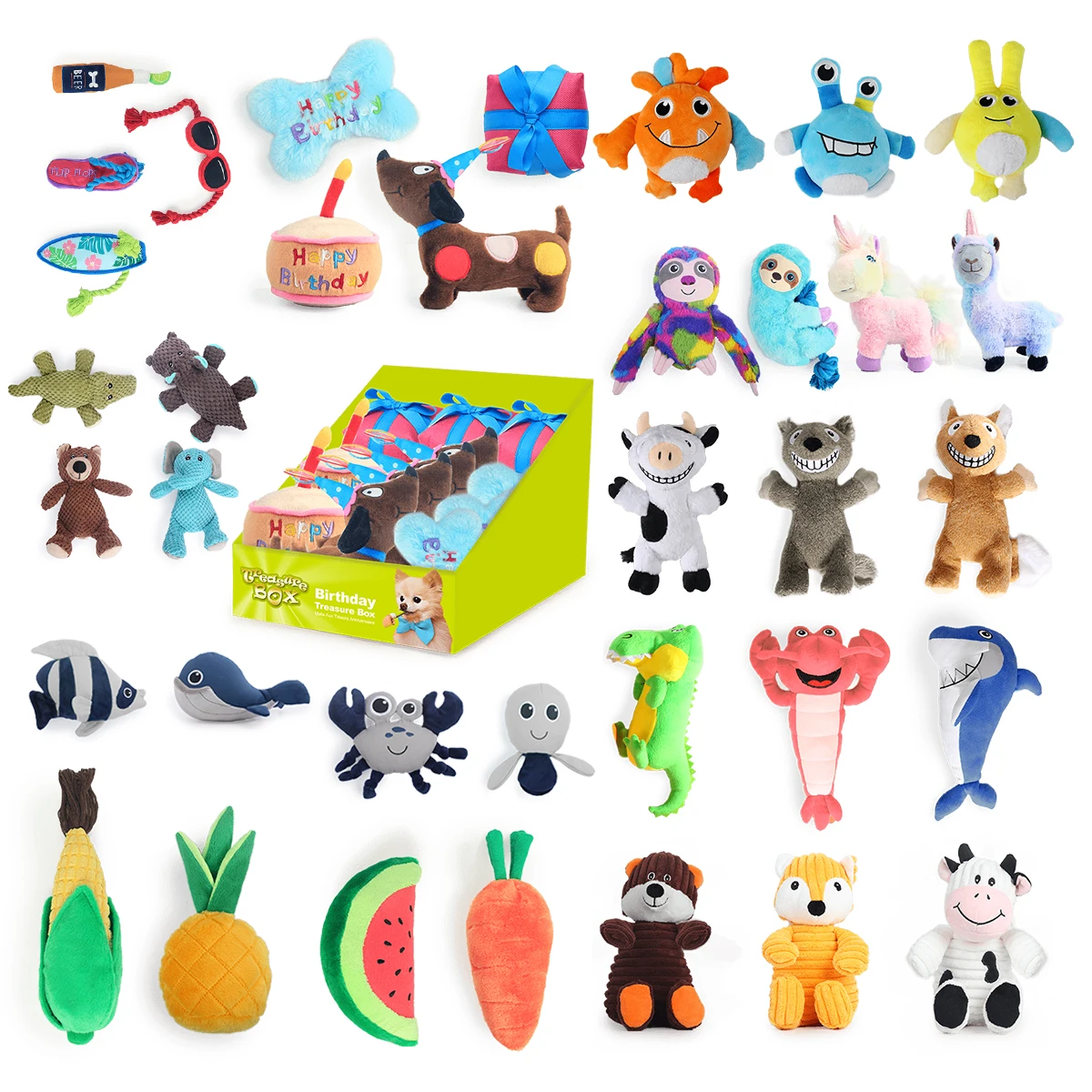 

Custom 24PCS Wide Variety Colorful Treasure Box animal birthday ocean monster pet PDQ puppy plush dog toy set