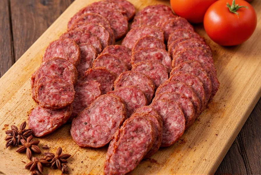 Close-up of Spanish chorizo with visible spices in casing