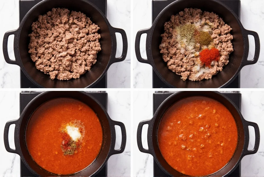 Step-by-step preparation of authentic chili soup with ground beef, onions, garlic, and spices in a cast iron pot