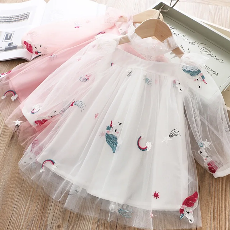

New fashion baby girls boutique spring summer cute cartoon Embroidered ruffle flutter long sleeve kids tulle princess dress, Picture shows