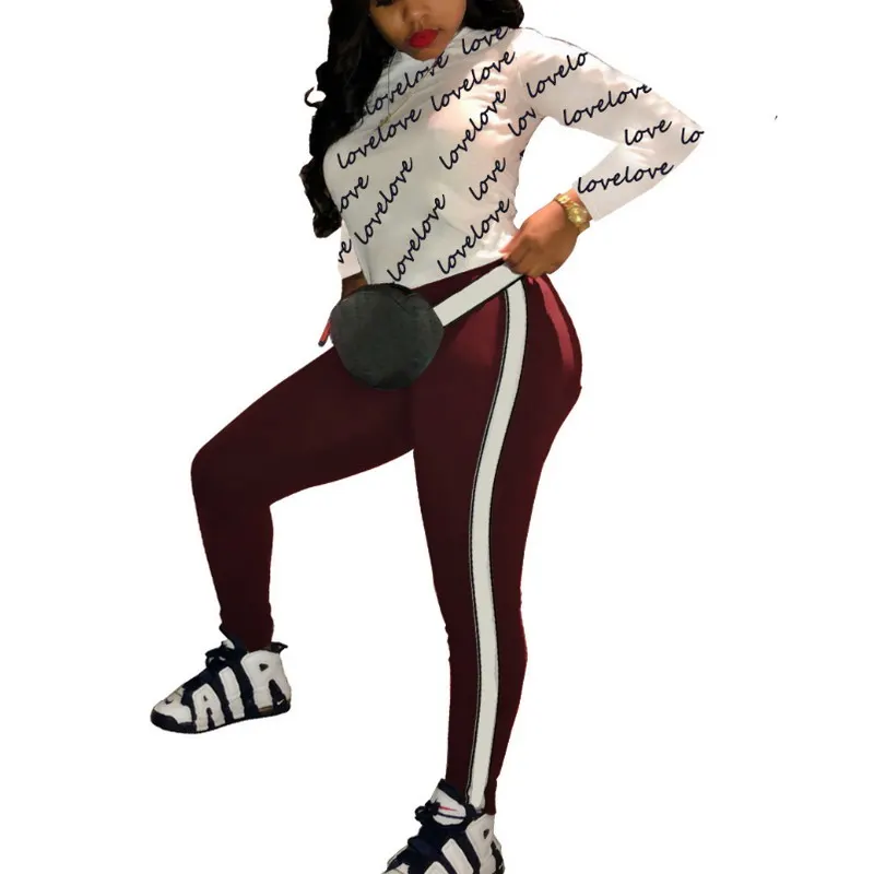 

2020 Women Autumn Winter Letter Plus Size Printing Long Sleeved Sports Pant Two Piece Set Ladies Long Sleeve T shirt, As picture