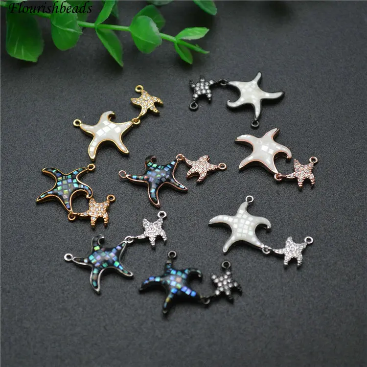 

White / Abalone Shell CZ Paved Gold Plated Two Starfish Bracelet Connector Charms for Jewelry Making, Pic