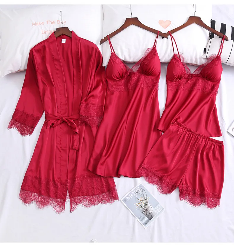 

SFY-Y40 new arrival autumn female four-piece Long Sleeves smoothly silk Pajamas set sexy lace nightwear