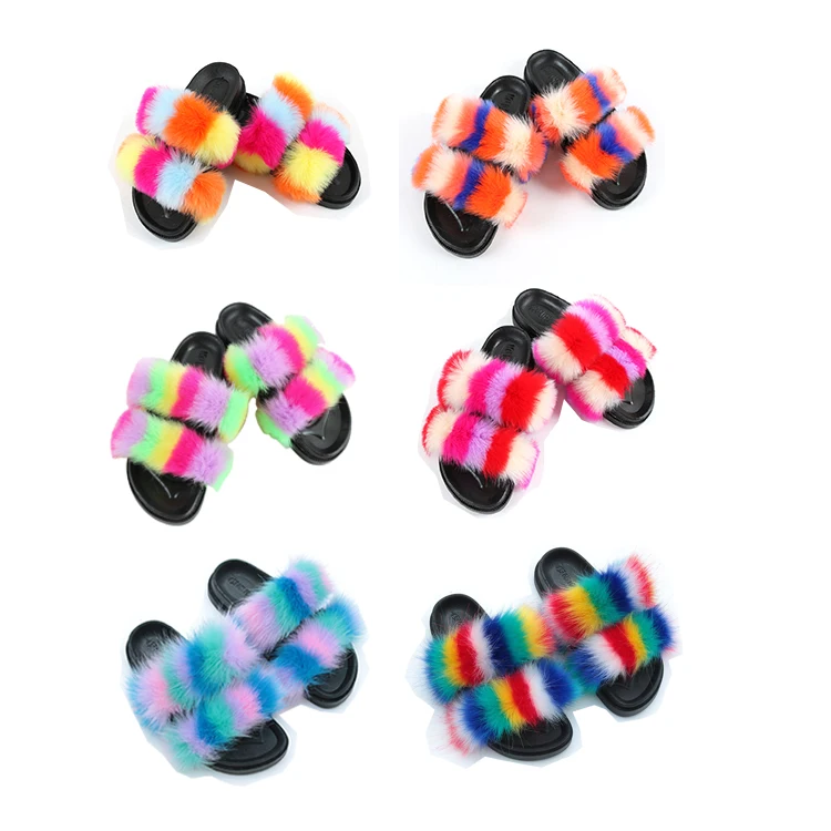 

Custom logo color 2 strap fur slides women ladies faux fur slides slippers