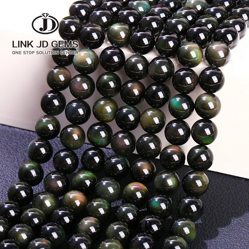 

JD 4/6/8/10/12/14mm Semi-Precious Gemstone Natural Black Rainbow Obsidian Ice Black Loose Beads for Jewelry Making