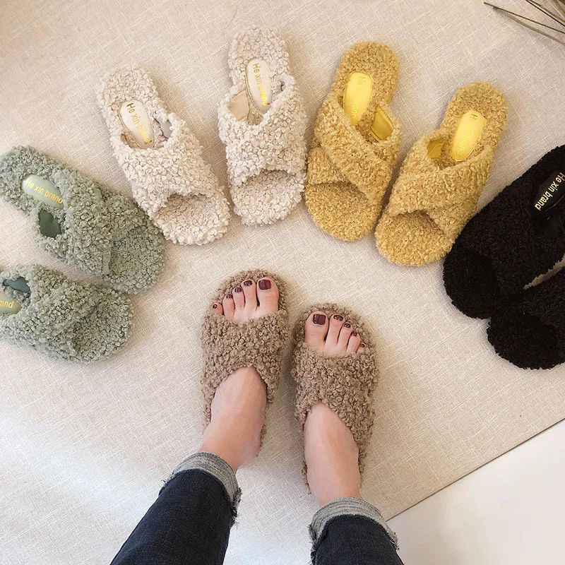 

Jtfur High Quality Wool Fur Slippers New Style Fashion Women Cross Indoor Shoes Winter Warm Fur Slides, Customized color