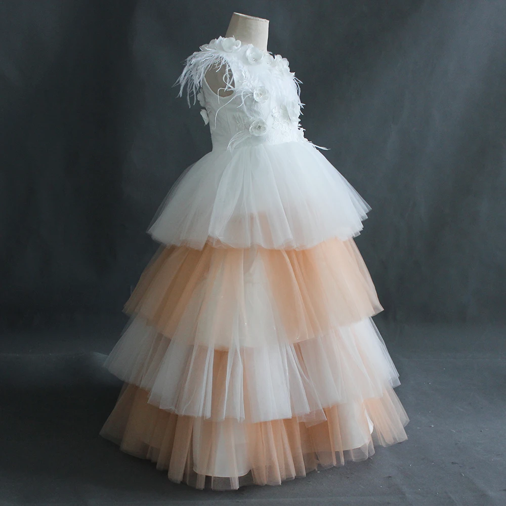 

two tone luxury champagne fluffy flower girl dress with layers tulle outer and hard tulle inner, Wihte and off-white